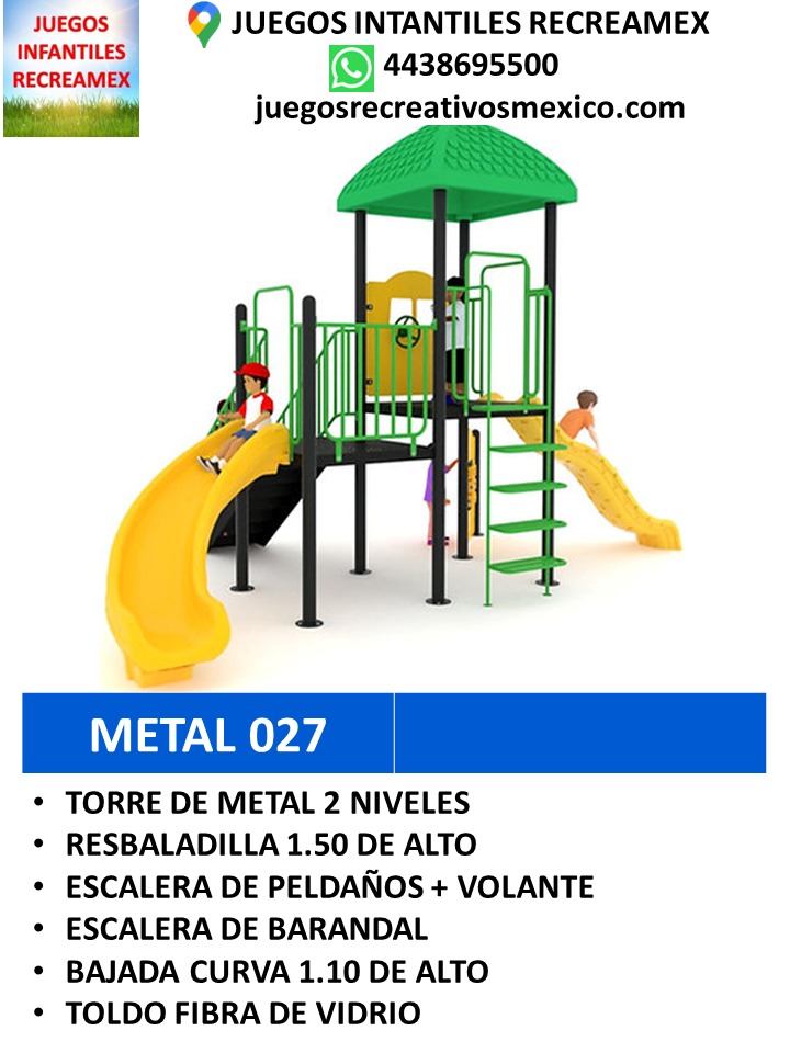 modulo de metal para uso rudo con resbaladilla, escalera de peldaños, bajada curva, toldo de fibra de vidrio
